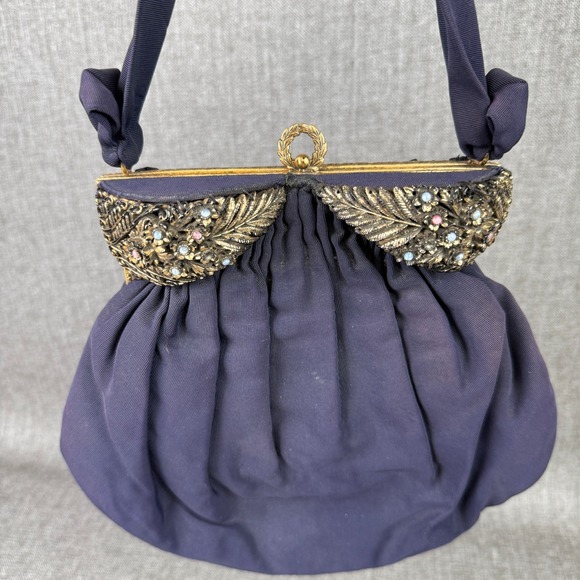 Vintage Guild Original  Evening Bag Navy Blue Gold Floral Clutch Purse Handbag - Picture 1 of 16